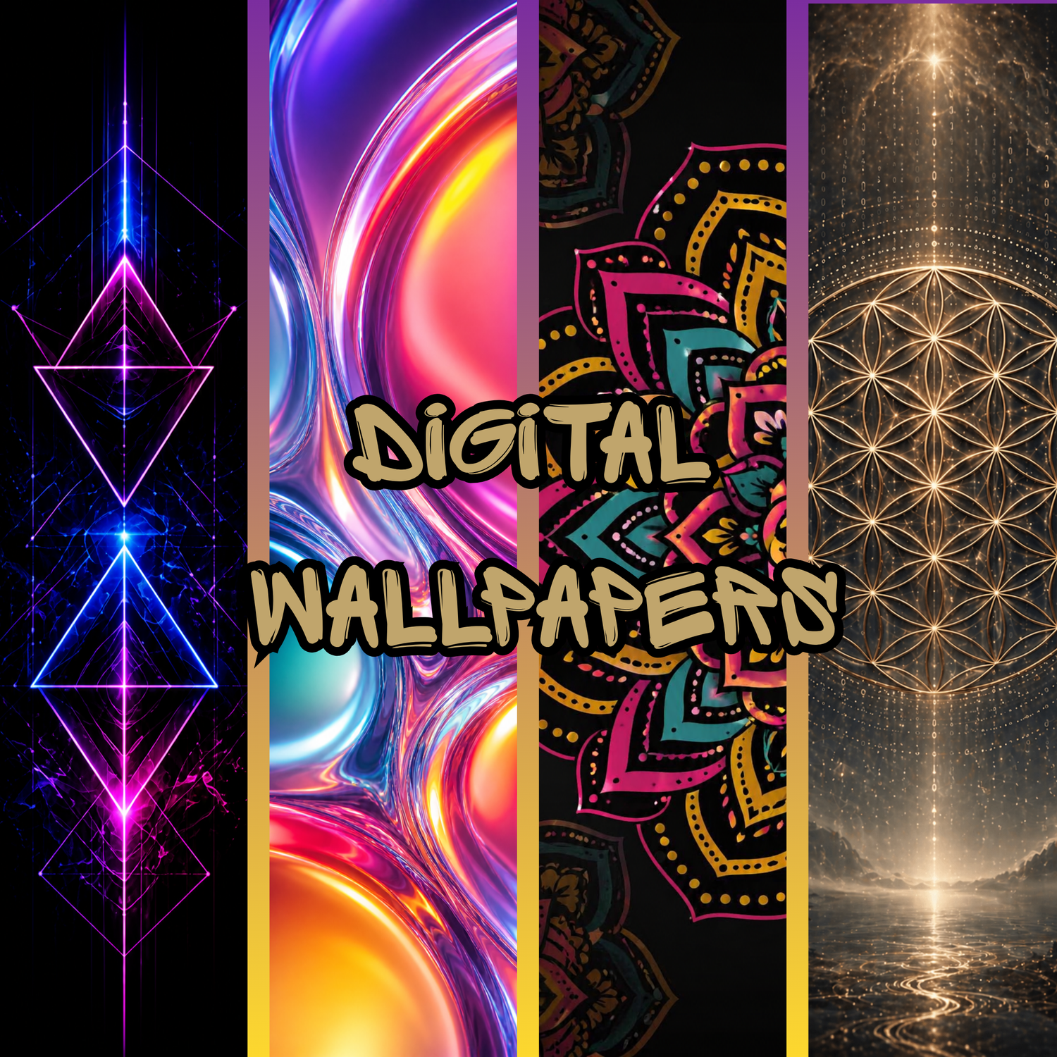 4 different mobile wallpapers for Android, iPhone, Samsung, One Plus devices. One showing sacred art, liquid, mandala, and sacred geometry themed wallpapers 